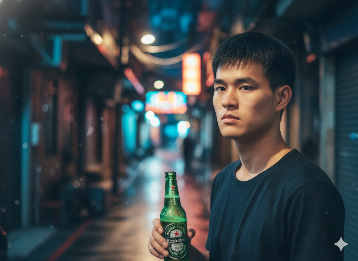 AI帥哥照片一位憂鬱的帥哥深夜拿著海尼根沉思