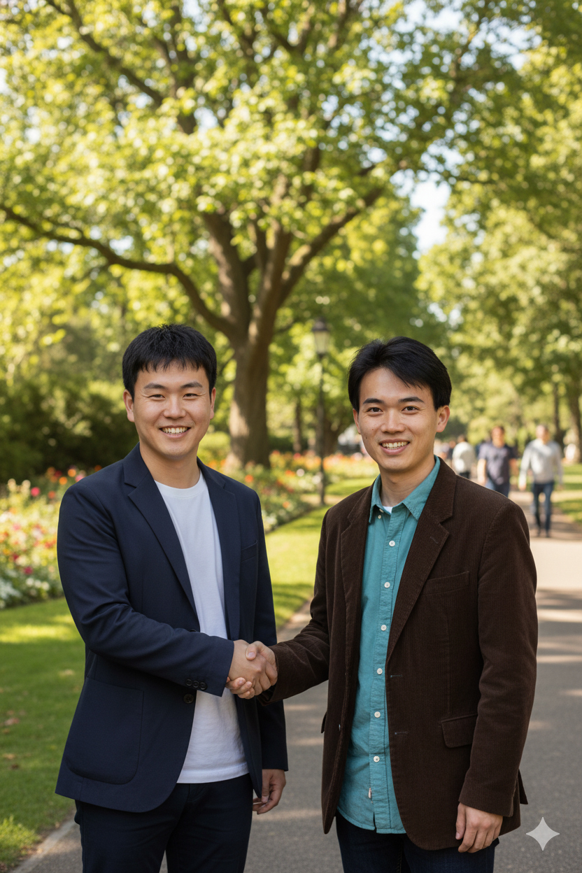 AI帥哥公園裡帥哥們第一次見面握手合照
