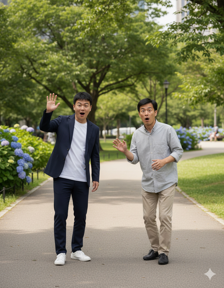 AI帥哥照兩位帥哥在公園裡興奮神情跟鏡頭打招呼